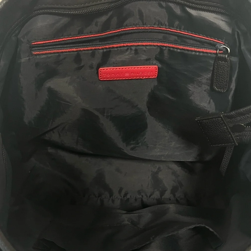 Tommy Hilfiger Black Satchel with Red Interior Accents Shiny Logo Messenger Bag